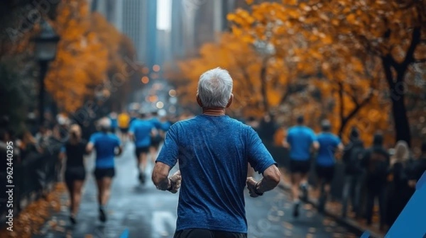 Fototapeta Elderly Man with Short White Hair Wearing a Blue T-Shirt Running on a City Street During a Marathon Race, Back View Focus with Blurred Background of Fellow Runners

