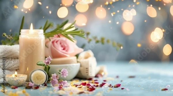 Fototapeta A serene arrangement of candles, flowers, and spa items creating a calming atmosphere.