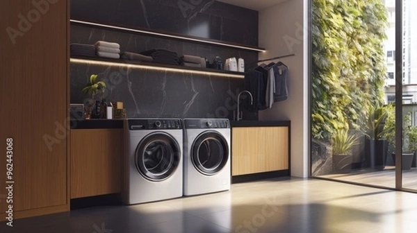 Obraz Smart Minimalist Laundry Space, a sleek environment featuring integrated technology for an upgraded washing experience, combining efficiency with modern design elements