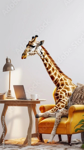 Obraz Funny giraffe sits in chair at desk and types on laptop. High quality illustration