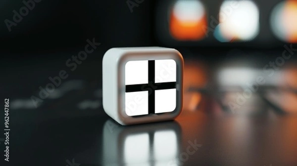 Fototapeta White Cube with Black Plus Sign on a Dark Background