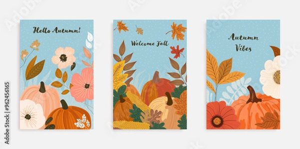 Fototapeta Autumn Greeting Card set . Beautiful autumn cards with pumpkins, leaves and flowers. Autumn Vibes