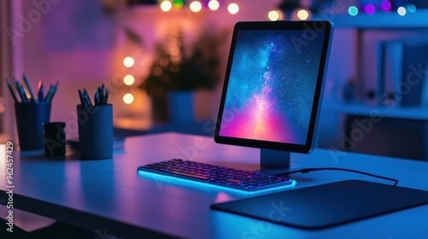 Obraz Sleek, high-tech smart device with blue and multi-colored LED lighting effects on a modern desk