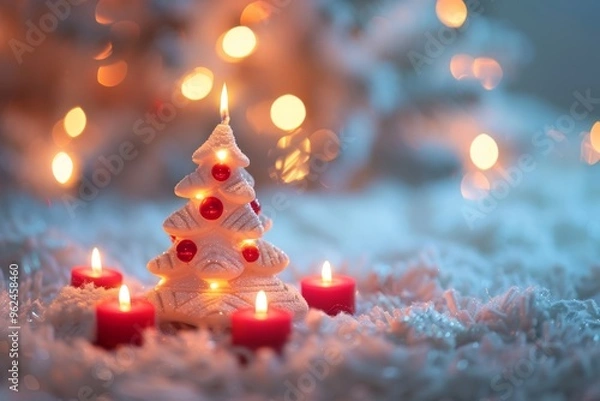 Fototapeta Small Christmas tree candle surrounded by glowing red candles, set on a fluffy snow-like surface.