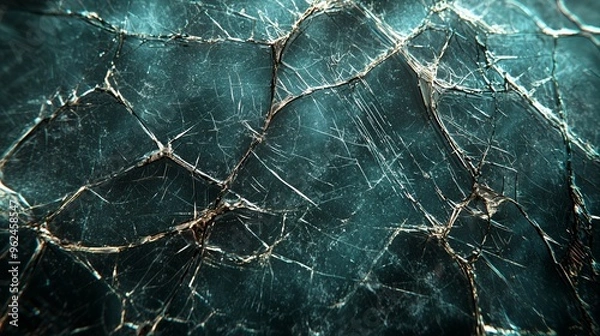 Fototapeta A spiderweb of cracks on a damaged screen, with soft light reflections and subtle distortions, ideal for overlay textures