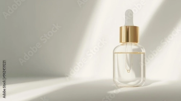 Fototapeta Luxury beauty serum bottle, elegant packaging, drop of serum glistening under soft light, highlighting texture and quality, minimalist background, clean and simple setting, free space