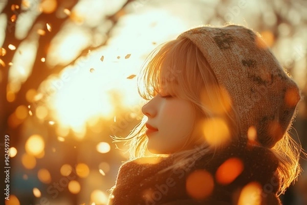 Obraz 秋の公園で目を閉じてリラックスする若い女性