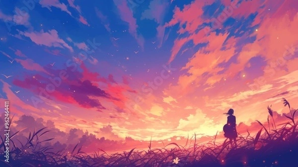 Fototapeta Stunning sunset under a vibrant sky, digital art style with calming and inspirational elements, blending nature and music themes in a serene illustration