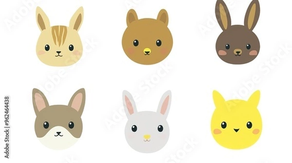 Fototapeta Set of 6 Cute Kawaii Animal Avatars on White Background. Each Avatar Features a Unique, Adorable Design in Vector Style, Perfect for Fun and Playful Representations