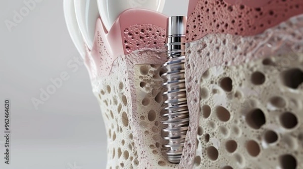 Fototapeta Cross-section of dental implant in bone structure, illustrating dental procedures.