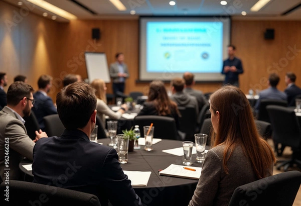 Fototapeta Attendees are seated at round tables in a conference room, listening attentively to a speaker.