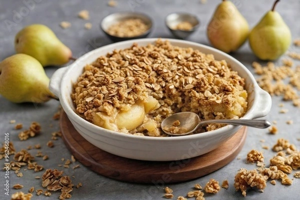 Fototapeta Pear Crumble: Overhead view of a pear crumble with a golden, crispy oat topping on a white dish