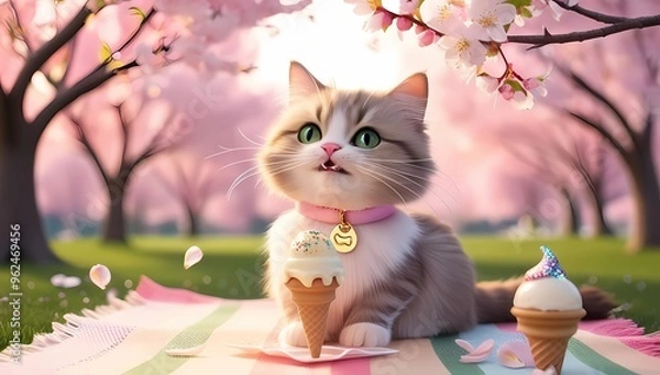 Fototapeta A cute little cat gray and ice cream on view park sakura natural beautiful