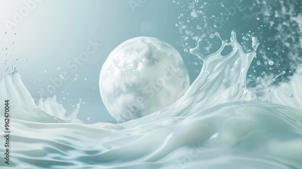Fototapeta A photo of a planet made of lotion floating in mid-air, surrounded by a gradient background of light blue and grey, with Lyocell flying in the foreground. 