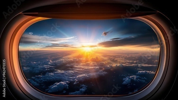 Obraz Airplane window view of clouds, expansive and serene, Travel, Cool tones, Photograph, Sky high