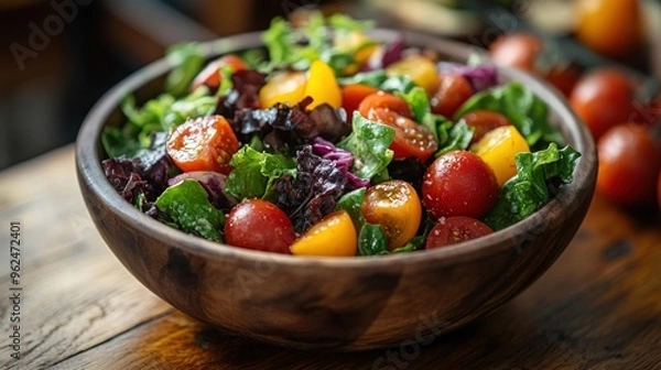 Fototapeta A wooden bowl filled with a colorful salad of mixed greens, cherry tomatoes, and red onion.