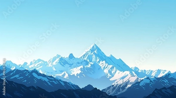 Fototapeta A simple vector landscape of a mountain range with snow-capped peaks and a clear blue sky, using flat shapes and soft color transitions. 8k UHD, suitable for high-quality printing or digital 