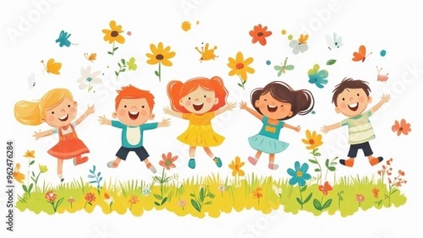 Obraz A group of children are playing in a field of flowers