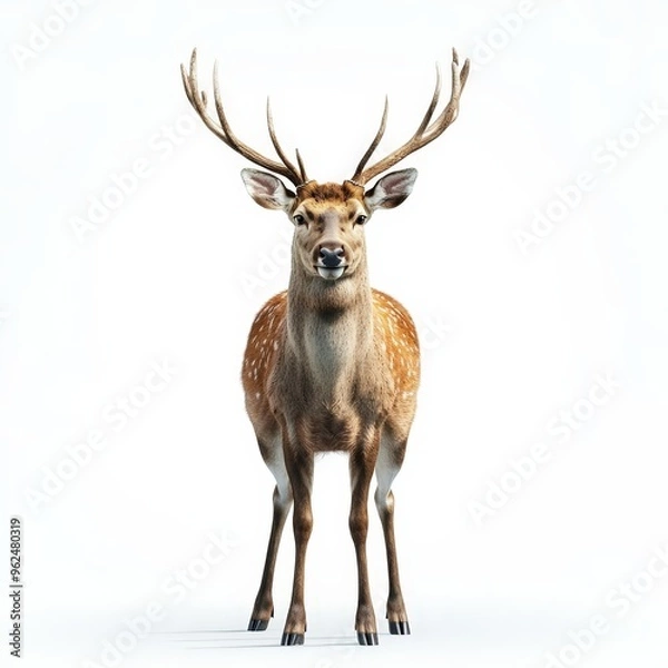Fototapeta A deer stands in front of a white background with its antlers raised