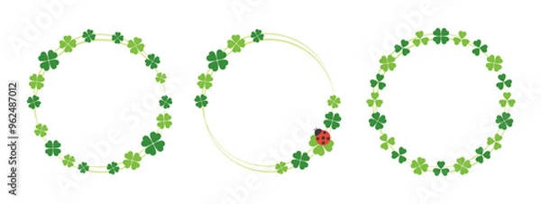 Obraz 緑色の四つ葉のクローバーの円フレーム、丸い枠飾り、タイトル文字デザイン素材、テキスト背景。幸運のシンボル、パトリックの日。ベクターイラストセット。