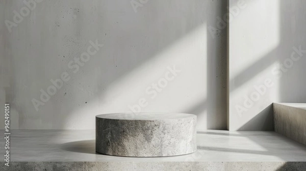 Obraz Gray monochrome template with granite pedestal on light gray background for natural design concept.