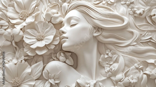 Obraz 3D relief of a woman and flowers creating an intricate background wallpaper.  AI generative.
