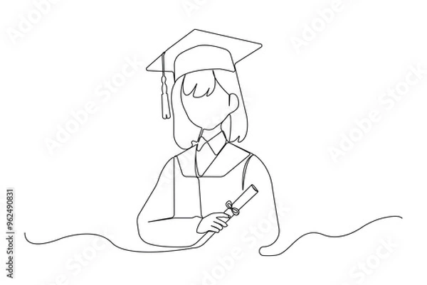 Fototapeta Girl wearing graduation hat and uniform continuous line art drawing. Vector illustration