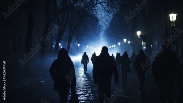 Fototapeta Silhouetted figures walk through a foggy park illuminated by street lamps. The scene is atmospheric and eerie, ideal for themes of mystery, solitude, and nighttime ambiance.