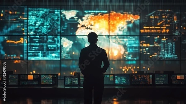 Obraz Meteorologist silhouette blended with weather maps, atmospheric patterns, and a control room