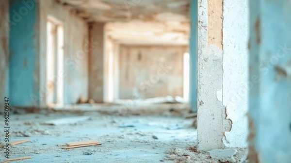 Fototapeta The interior of an abandoned building shows signs of renovation with dust-covered floors and unfinished walls that hint at past neglect