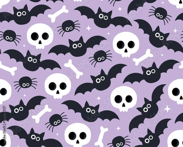Fototapeta Halloween seamless pattern. Cute white skulls and bones, black spiders and bats on a purple background. Spooky, funny pattern for wrapping paper, textile.