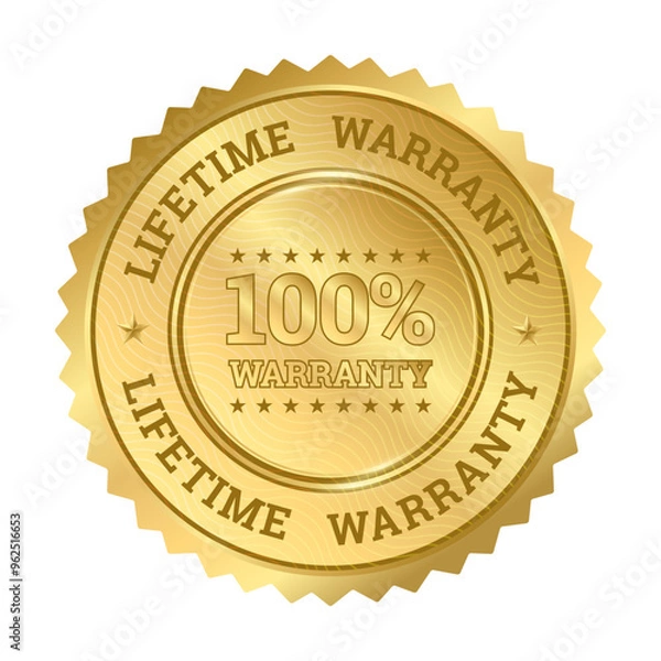 Fototapeta Lifetime Warranty label sticker, Gold round circle zigzag Edge badge icons for Premium quality product guarantee 100% Lifetime ,Realistic Golden vector design shiny for packaging design element