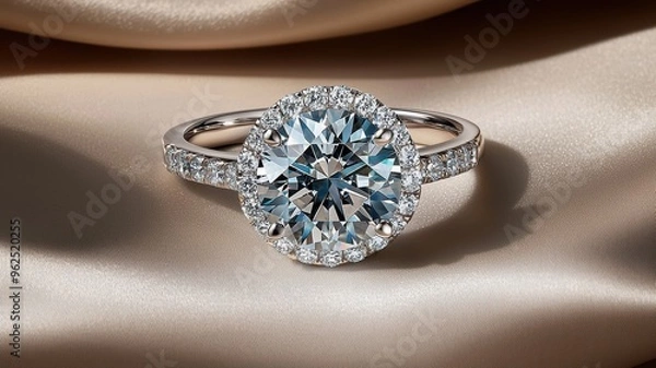 Obraz Elegant blue gemstone ring on soft satin fabric, perfect for engagements or special occasions, showcasing luxury and beauty.