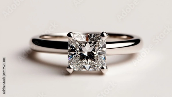Obraz Elegant diamond ring featuring a sparkling princess-cut diamond on a polished band, perfect for engagements or special occasions.