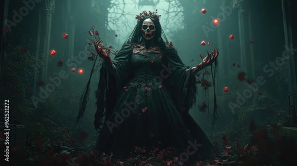Fototapeta A terrifying undead queen with rotting skin, standing in a darkened throne room, tattered robes hanging from her skeletal frame, glowing orbs floating in the air.