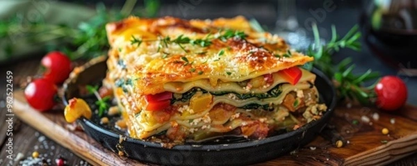 Fototapeta A vibrant shot of a vegetarian lasagna with colorful layers of vegetables, placed in a baking dish, with fresh herbs and a glass of wine in the background