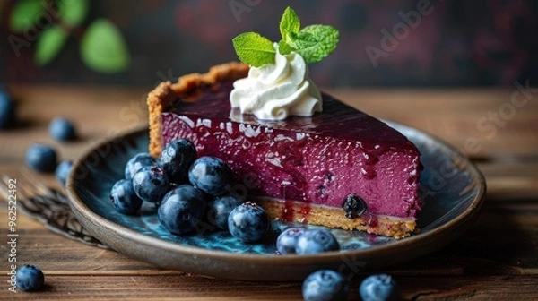 Obraz An elegant presentation of a blueberry cheesecake on a fancy dessert plate, with a dollop of whipped cream and fresh blueberries, placed on a wooden table with copy space