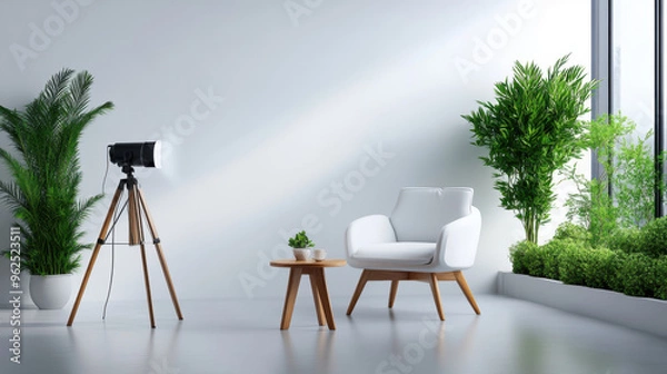 Fototapeta Bright, minimalist living room with a white chair, wooden table, large green plants, and a professional camera on a tripod by the window.
