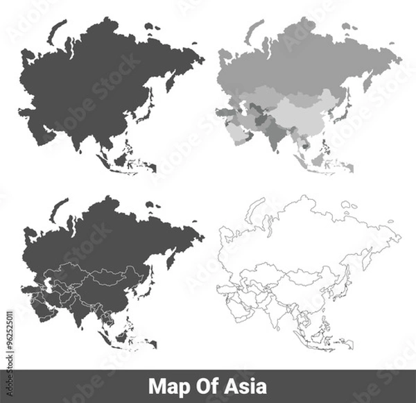 Fototapeta Collection of Asia country grey political maps set with border outline vector illustration