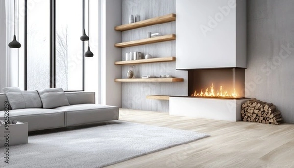 Fototapeta Modern Living Room with Fireplace and Grey Sofa