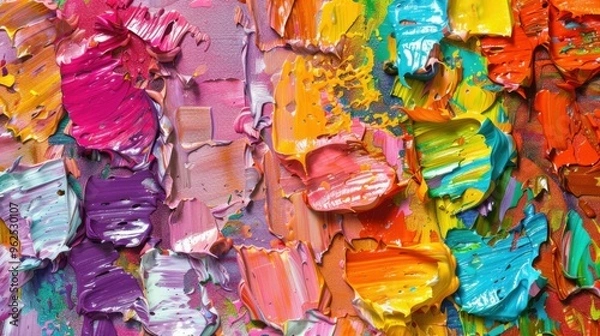 Fototapeta Abstract multicolored oil painting with rough brushstrokes and texture. Closeup of canvas art with rich details and palette knife strokes.

