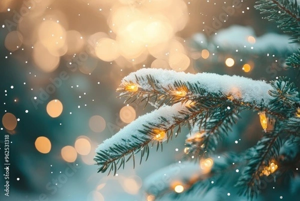 Obraz Christmas picture background with fir branches snow and fairy lights. stock photo Atmospheric image background with fir branches snow and fairy lights in different depths of field with generative ai