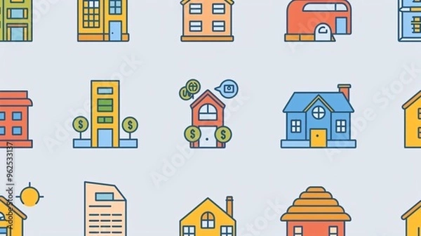 Obraz 34. Animated outline icons depicting rental property services and real estate investing, presented in a seamless loop format with HD clarity and a transparent background