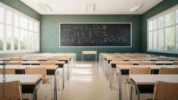 Fototapeta A bright, modern classroom featuring desks, chairs, and a large blackboard, perfect for educational concepts and settings.