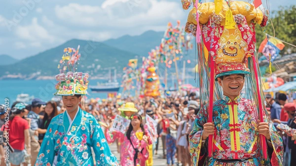Fototapeta Cheung Chau Bun Festival, traditional parade with colorful costumes walking along the village streets, blue sea and fishing boats in the background, Ai generated images