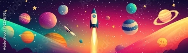Fototapeta A vibrant digital illustration of a rocket launching into space surrounded by colorful planets and stars, representing adventure and exploration.