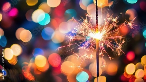 Fototapeta A Sparkler Glowing with Light Against a Bokeh Background
