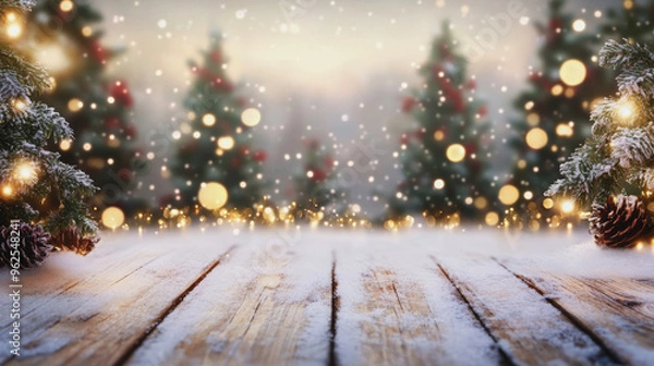 Fototapeta A snow-dusted wooden floor with bokeh and Christmas trees in the background, creating a festive outdoor winter scene.