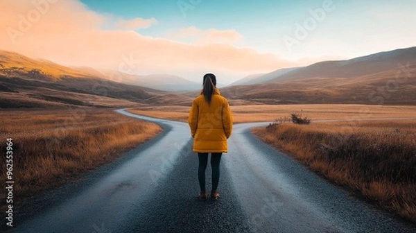 Fototapeta A woman in yellow jacket standing at a crossroads, deciding which path to take for a new beginning. Generative ai illustration.