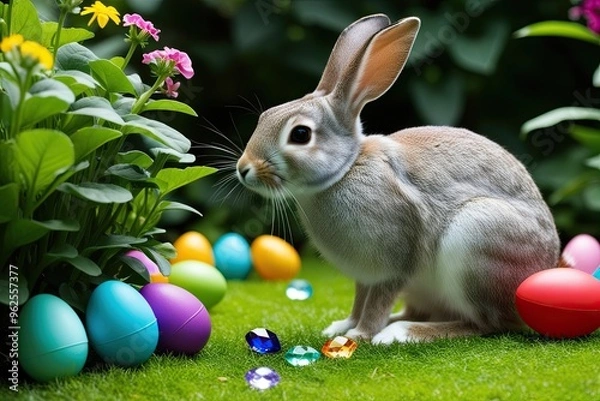 Fototapeta Charming Bunny Uncovers Colorful Easter Eggs in a Vibrant Garden Adventure